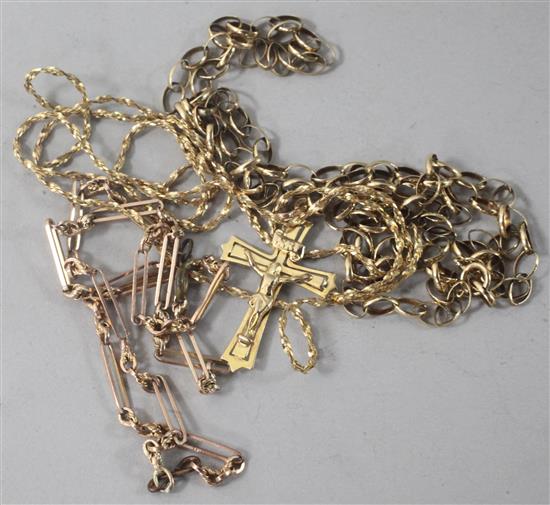 Three 9ct gold chains (all a.f.) and a 9ct gold cross pendant.